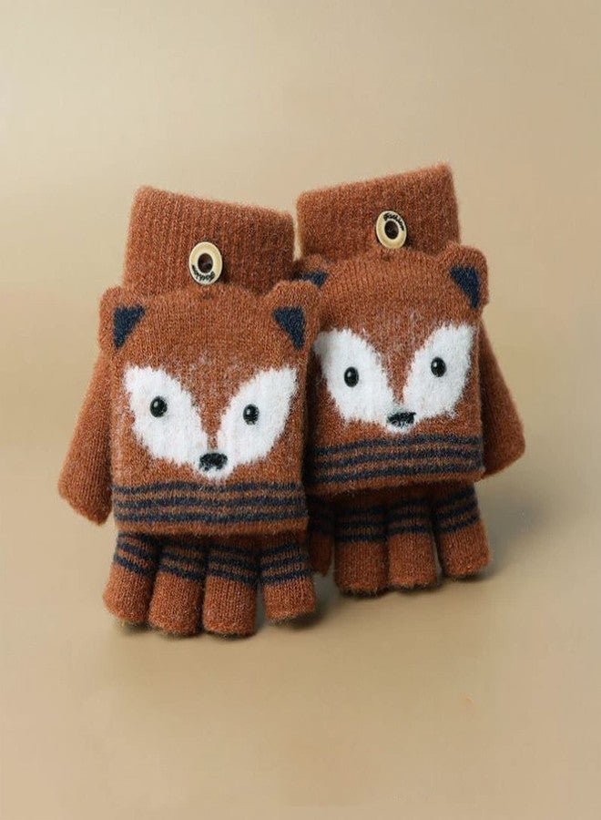RUIXIA Kids Knitted Half Finger Gloves with Flip Top Winter Warm Cute Fox Face Typing Gloves Convertible Mittens for Girls Boys Red Coffee Fox One Size - Image 3