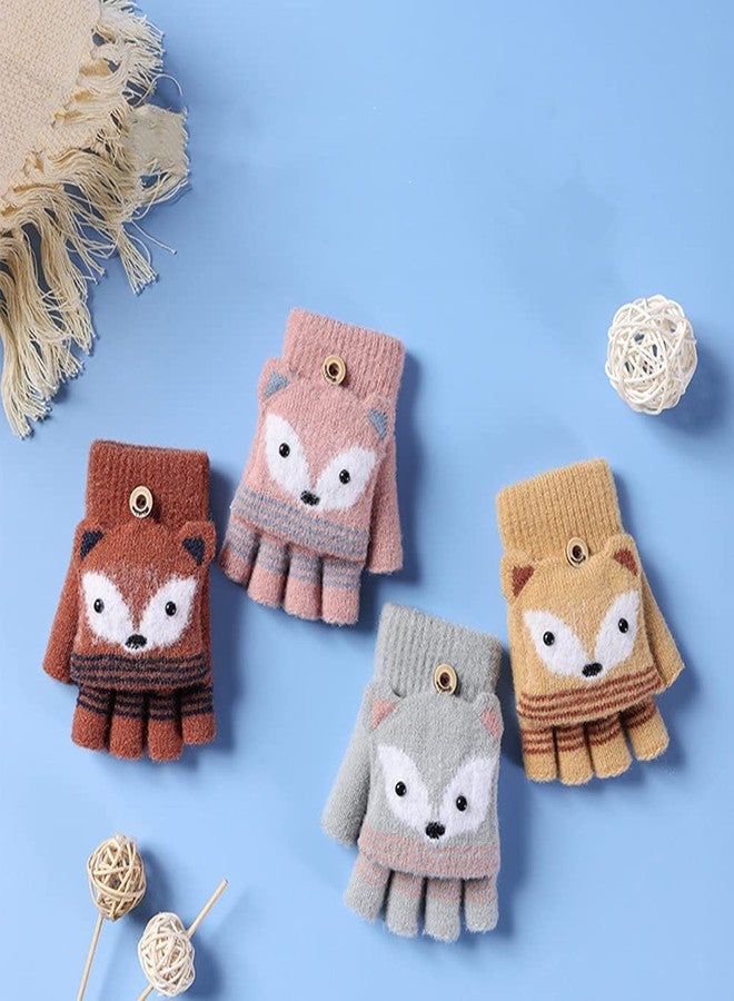 RUIXIA Kids Knitted Half Finger Gloves with Flip Top Winter Warm Cute Fox Face Typing Gloves Convertible Mittens for Girls Boys Red Coffee Fox One Size - Image 5