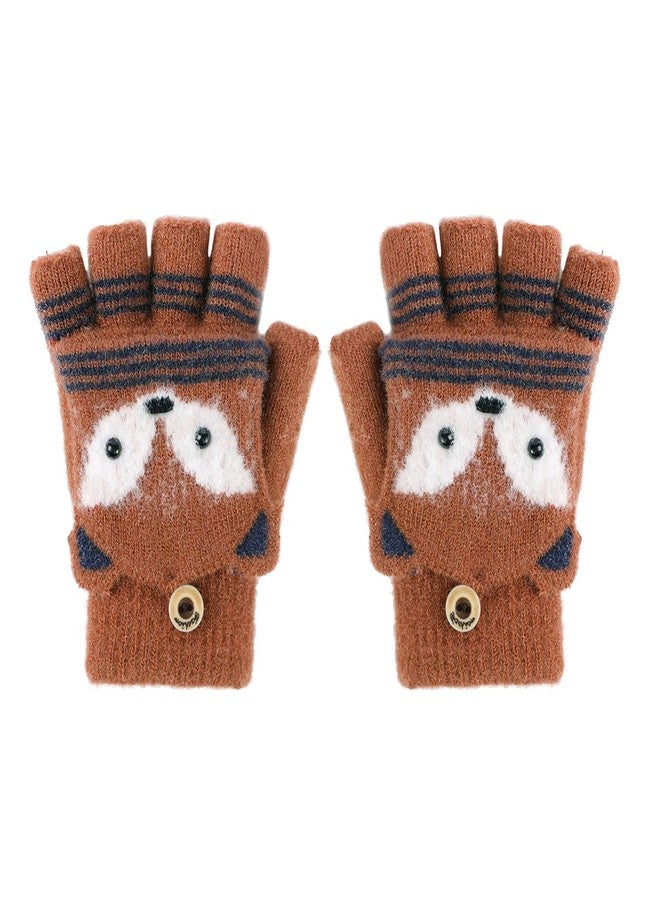 RUIXIA Kids Knitted Half Finger Gloves with Flip Top Winter Warm Cute Fox Face Typing Gloves Convertible Mittens for Girls Boys Red Coffee Fox One Size - Image 1