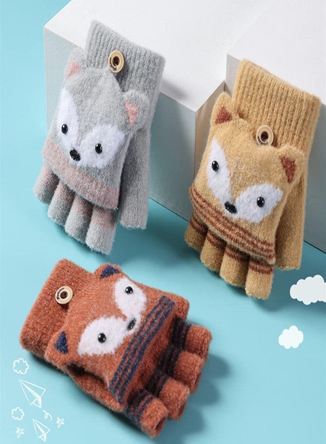 RUIXIA Kids Knitted Half Finger Gloves with Flip Top Winter Warm Cute Fox Face Typing Gloves Convertible Mittens for Girls Boys Red Coffee Fox One Size - Image 4