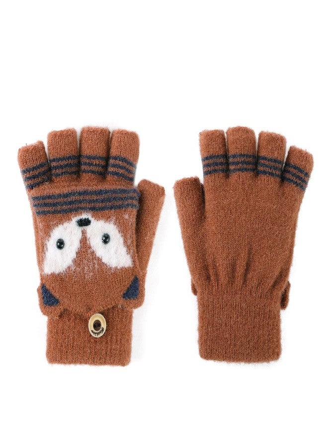 RUIXIA Kids Knitted Half Finger Gloves with Flip Top Winter Warm Cute Fox Face Typing Gloves Convertible Mittens for Girls Boys Red Coffee Fox One Size - Image 2