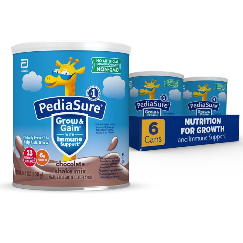 PediaSure Grow & Gain with Immune Support Shake Mix Powder, 23 Vitamins & Minerals, 6g Protein, Non-GMO, Gluten-Free, Kids Nutrition, Chocolate, 14.1 oz Can, Pack of 6-48 servings - Image 1