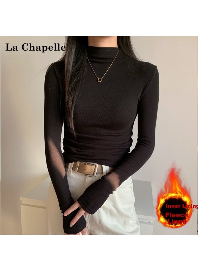 La Chapelle Autumn Winter Half Turtleneck Fleece-lined Long Sleeve Slim Fit Waist T-shirt For Women Black M