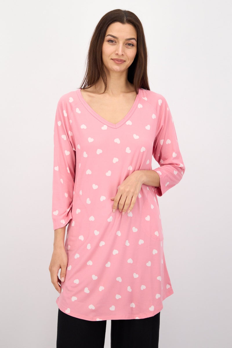 PJ Couture Women Heart Print Full Sleeves Sleepwear Top, Pink - Image 1
