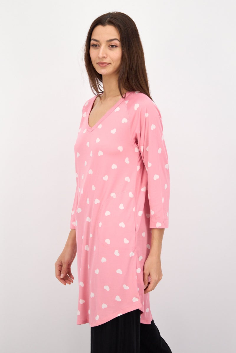 PJ Couture Women Heart Print Full Sleeves Sleepwear Top, Pink - Image 3