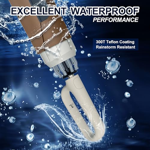 QWB TUMAAOTU Inverted Umbrella with Carabiner Handle, Compact Wind Proof Umbrellas For Rain and Sun Protection, Portable Reverse Folding Umbrella, Car Umbrella for Women Men, 10 Ribs (Beige 50IN) - Image 5