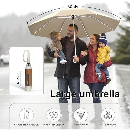 QWB TUMAAOTU Inverted Umbrella with Carabiner Handle, Compact Wind Proof Umbrellas For Rain and Sun Protection, Portable Reverse Folding Umbrella, Car Umbrella for Women Men, 10 Ribs (Beige 50IN) - Image 3