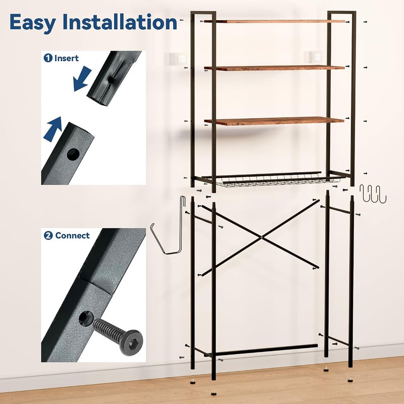 Whitmor Laundry Room Storage Shelf & Organizer, 4 Tier Over Metal Washer and Dryer Shelves, Washing Machine Shelf, Adjustable Height & Feet, Bathroom Space Saver Shelf, 23.8”W x 9.9”D x 68.1”H, Black - Image 3