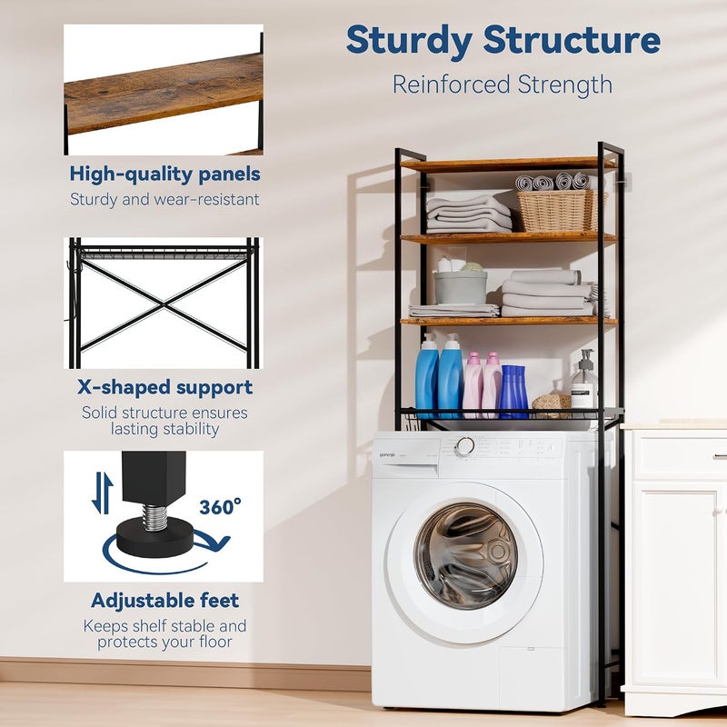 Whitmor Laundry Room Storage Shelf & Organizer, 4 Tier Over Metal Washer and Dryer Shelves, Washing Machine Shelf, Adjustable Height & Feet, Bathroom Space Saver Shelf, 23.8”W x 9.9”D x 68.1”H, Black - Image 2