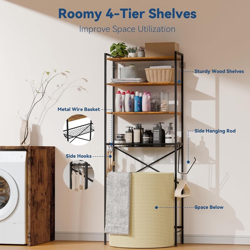 Whitmor Laundry Room Storage Shelf & Organizer, 4 Tier Over Metal Washer and Dryer Shelves, Washing Machine Shelf, Adjustable Height & Feet, Bathroom Space Saver Shelf, 23.8”W x 9.9”D x 68.1”H, Black - Image 4