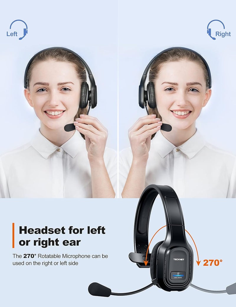 TECKNET Trucker Bluetooth Headset, Trucker Bluetooth Headphones with Microphone AI Noise Canceling Wireless On Ear Headset, Hands Free Wireless Headset for Cell Phone Computer Office Home (Black) - Image 3