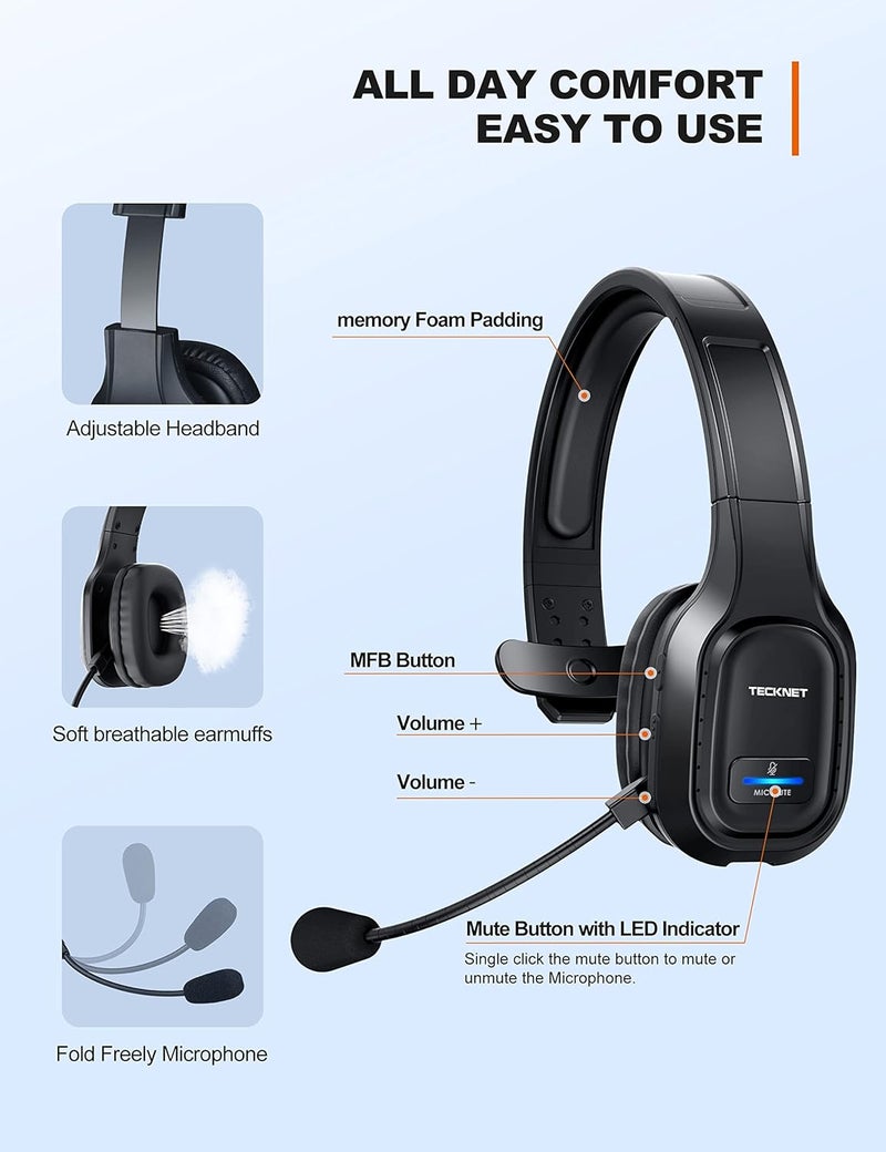 TECKNET Trucker Bluetooth Headset, Trucker Bluetooth Headphones with Microphone AI Noise Canceling Wireless On Ear Headset, Hands Free Wireless Headset for Cell Phone Computer Office Home (Black) - Image 4