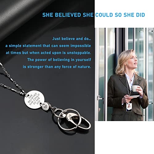 SAM & LORI Strong Pretty Lanyard Necklace for ID Badges Holder and Keys Engraved She Believed She Could So She Did Inspirational Charm Stainless Steel Metal Silver Chain for Women Teachers Nurse - Image 4