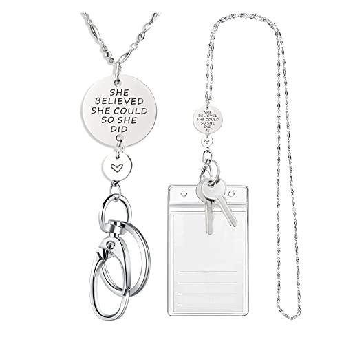 SAM & LORI Strong Pretty Lanyard Necklace for ID Badges Holder and Keys Engraved She Believed She Could So She Did Inspirational Charm Stainless Steel Metal Silver Chain for Women Teachers Nurse - Image 1