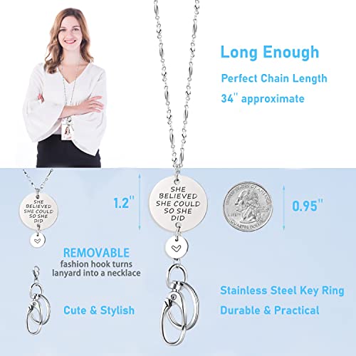 SAM & LORI Strong Pretty Lanyard Necklace for ID Badges Holder and Keys Engraved She Believed She Could So She Did Inspirational Charm Stainless Steel Metal Silver Chain for Women Teachers Nurse - Image 2