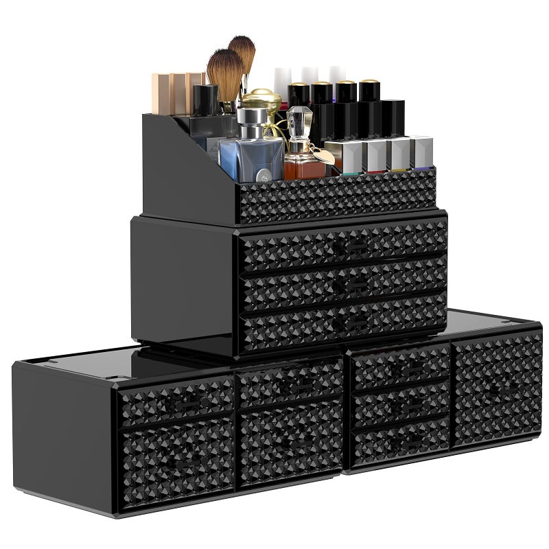 Awenia 4 Pack Stackable Makeup OrganizerUpgradedAcrylic Cosmetics Storage Cases with 11 Drawers Perfume Organizers For Brush Holder or Jewelry DisplayPlus SizeBlack