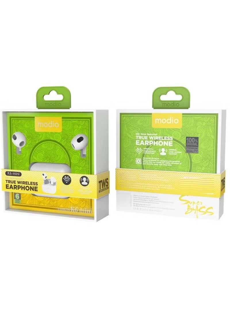 modio K6 Mini True Wireless Earphones with ENC Noise Reduction – Super Bass Stereo Sound, HD Clear Built-in Microphone, Compact Design for Android & iOS, Long Battery Life, Comfortable Fit for Music, Calls, and Gaming – Lightweight Bluetooth Earbuds - Image 2