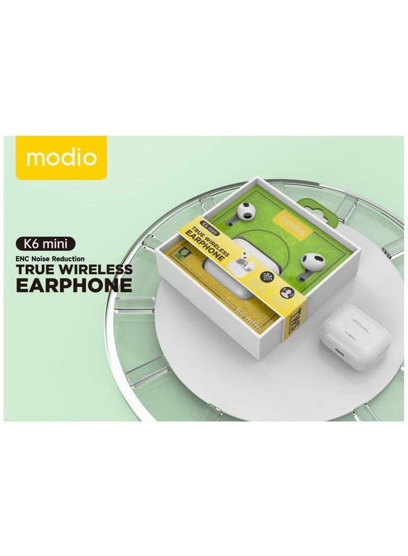modio K6 Mini True Wireless Earphones with ENC Noise Reduction – Super Bass Stereo Sound, HD Clear Built-in Microphone, Compact Design for Android & iOS, Long Battery Life, Comfortable Fit for Music, Calls, and Gaming – Lightweight Bluetooth Earbuds - Image 3