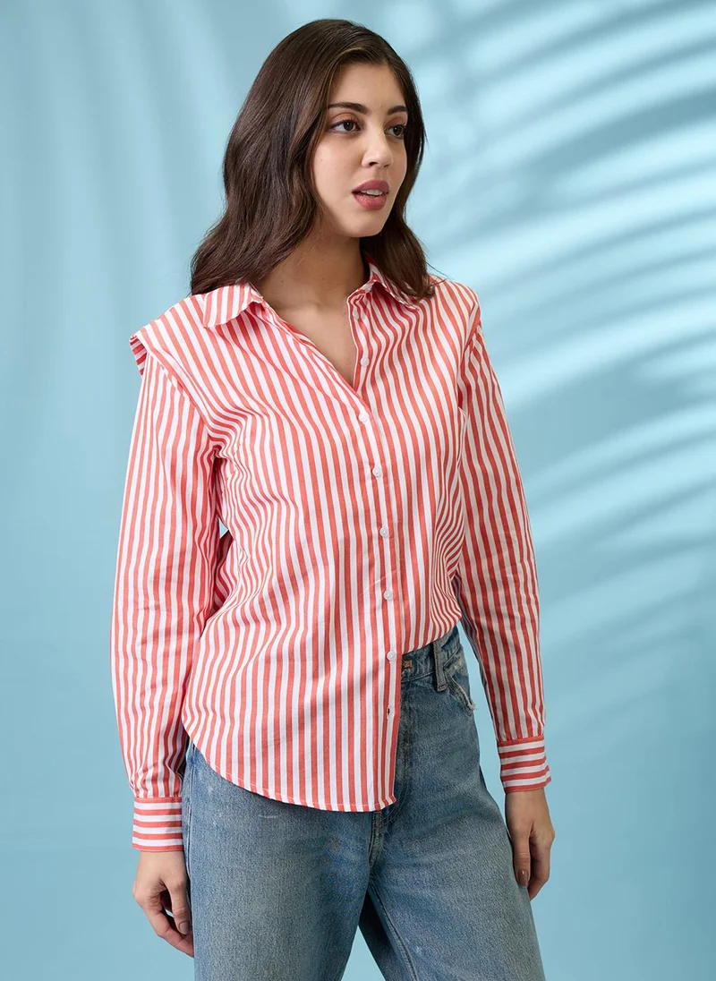 globus Globus Women Red Striped Collared Neck Cuffed Sleeves Curved Hem Shirt
