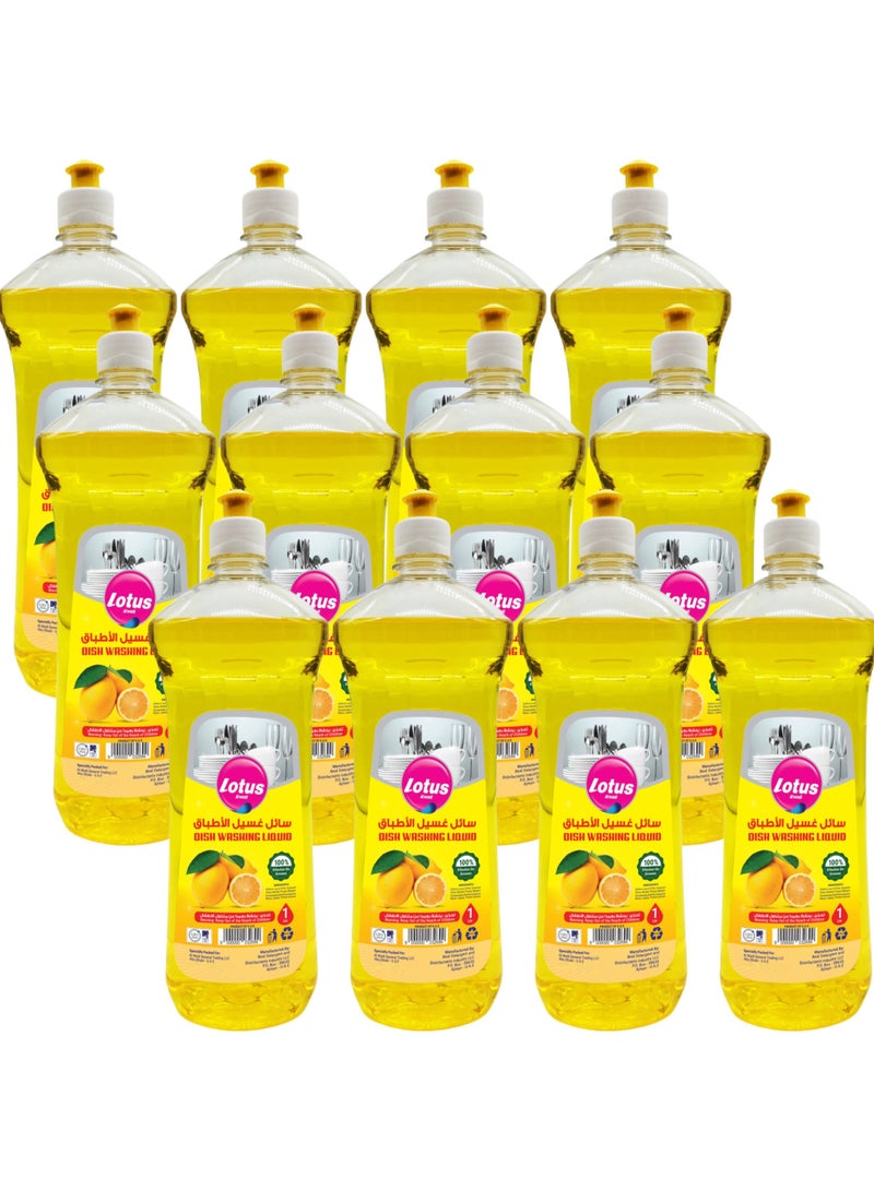 Lotus Alwadi Lotus Alwadi Dishwashing Liquid Soap Detergent and Heavy Duty Degreaser, 12 x 1L Combo Pack, Lemon  - Image 1