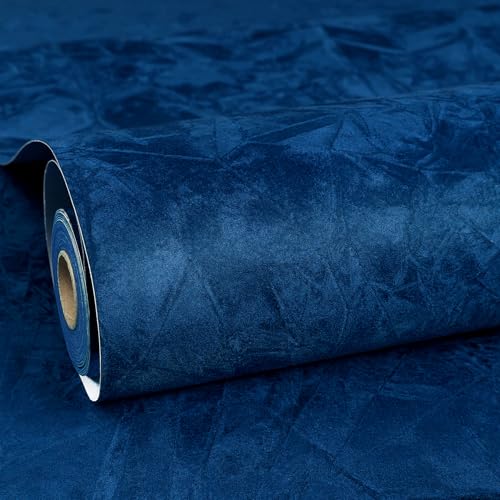 ReWallpaper Navy Blue Peel and Stick Wallpaper Removable Luxury Velvet Contact Paper 175in x 23ft Self Adhesive Velvet Flocking Wallpaper Textured Blue Felt Wall Paper Roll for Nursery Kids Bedroom - Image 1