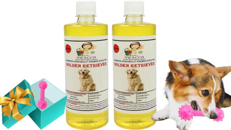 swacch Golden Retriever Dog Shampoo + Dumbbell Toy I Durable Rubber Dog Toy for Chewing I Playing,Teeth Cleaning & Training Toy I Combo Pack I 500ml Pack of 2 Lemon - Image 1
