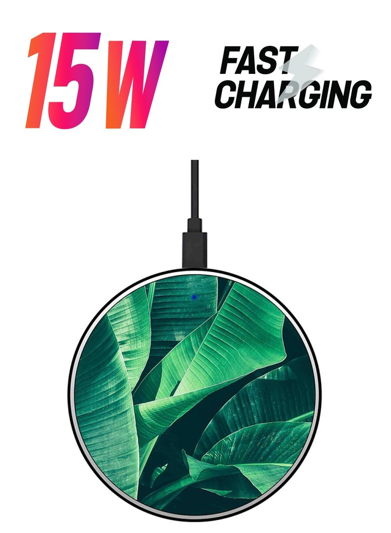 Theodor Leaves Pattern Printed Ultra Slim Fast Wireless Charger With USB Cable Green - Image 1