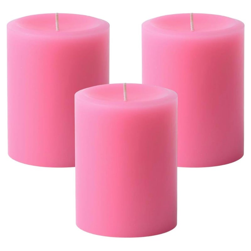 Mister Candle Dripless Unscented Pillar Candles, Set of 3 Hand Poured Solid Color Non-Scented Candles for Home Decor, Premium Wax, 60 Hr Burn Time - 3x4 Inch, Pink - Image 1