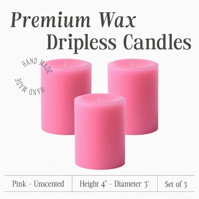 Mister Candle Dripless Unscented Pillar Candles, Set of 3 Hand Poured Solid Color Non-Scented Candles for Home Decor, Premium Wax, 60 Hr Burn Time - 3x4 Inch, Pink - Image 2