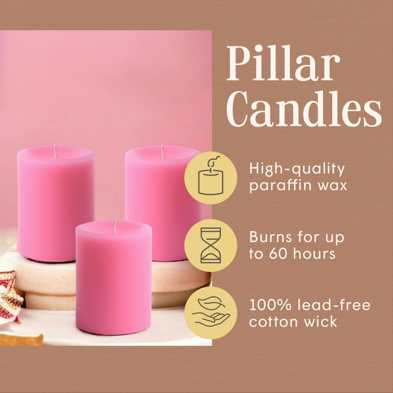 Mister Candle Dripless Unscented Pillar Candles, Set of 3 Hand Poured Solid Color Non-Scented Candles for Home Decor, Premium Wax, 60 Hr Burn Time - 3x4 Inch, Pink - Image 4