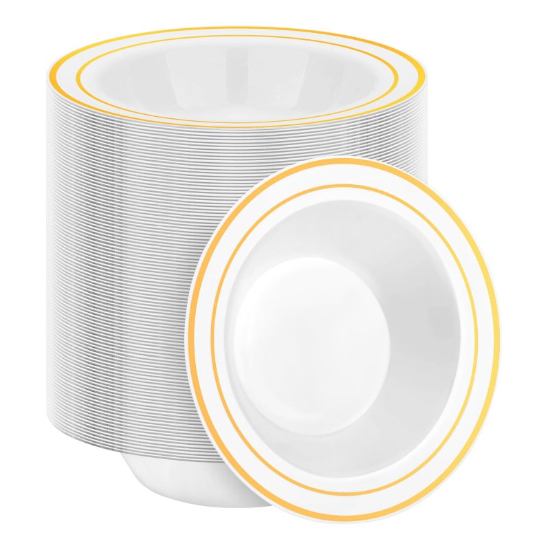 BESTSTAR 200 Pack Disposable Soup Bowls with Gold Rim 12oz Premium Heavy Duty Plastic Dinner Bowls for Party Wedding and Holiday - Image 3