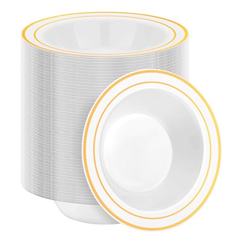 BESTSTAR 200 Pack Disposable Soup Bowls with Gold Rim 12oz Premium Heavy Duty Plastic Dinner Bowls for Party Wedding and Holiday - Image 2