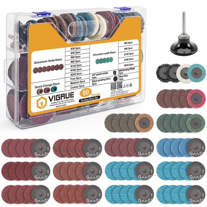 VIGRUE 80PCS 2 Inch Sanding Discs Set Die Grinder Pad for Drill Die Grinder Accessories with 14 Shank Holder for Grind Polish Burr Finish Rust Paint Removal Quick Change Discs - Image 2
