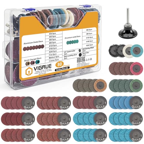 VIGRUE 80PCS 2 Inch Sanding Discs Set Die Grinder Pad for Drill Die Grinder Accessories with 14 Shank Holder for Grind Polish Burr Finish Rust Paint Removal Quick Change Discs - Image 1