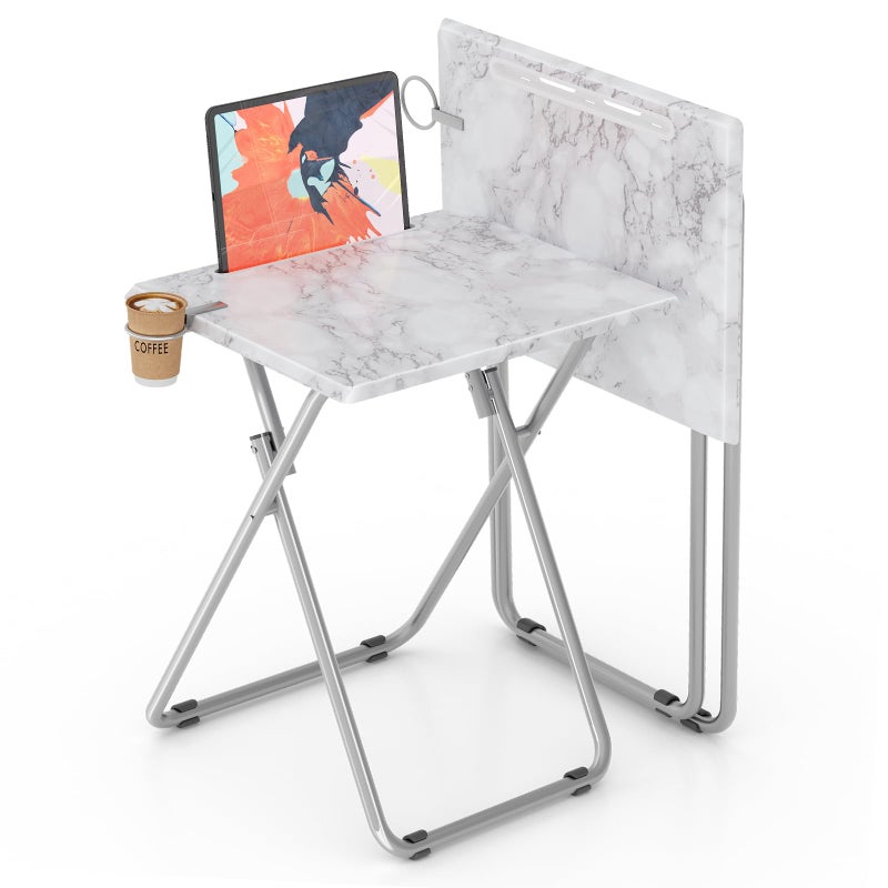 Fleecy day TV Tray Table,Folding Table with Cup Holder Portable,Foldable Snack Tray for Eating,Small Folding Tables Set of 2,Dinner Tables for Couch, Living Room,Small Space (White Marble,2Pcs) - Image 1