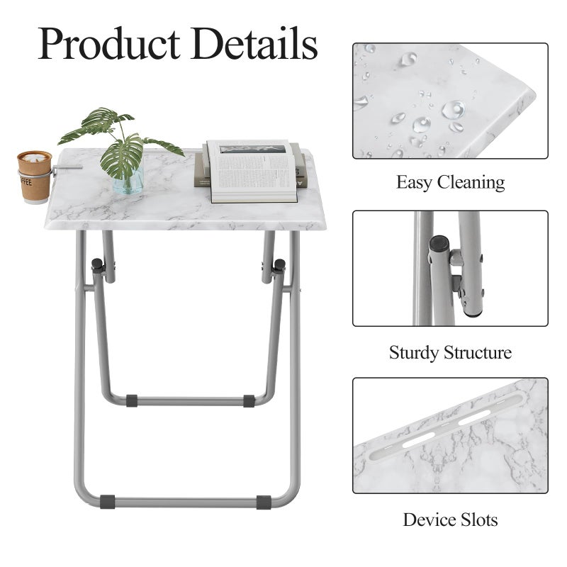 Fleecy day TV Tray Table,Folding Table with Cup Holder Portable,Foldable Snack Tray for Eating,Small Folding Tables Set of 2,Dinner Tables for Couch, Living Room,Small Space (White Marble,2Pcs) - Image 4