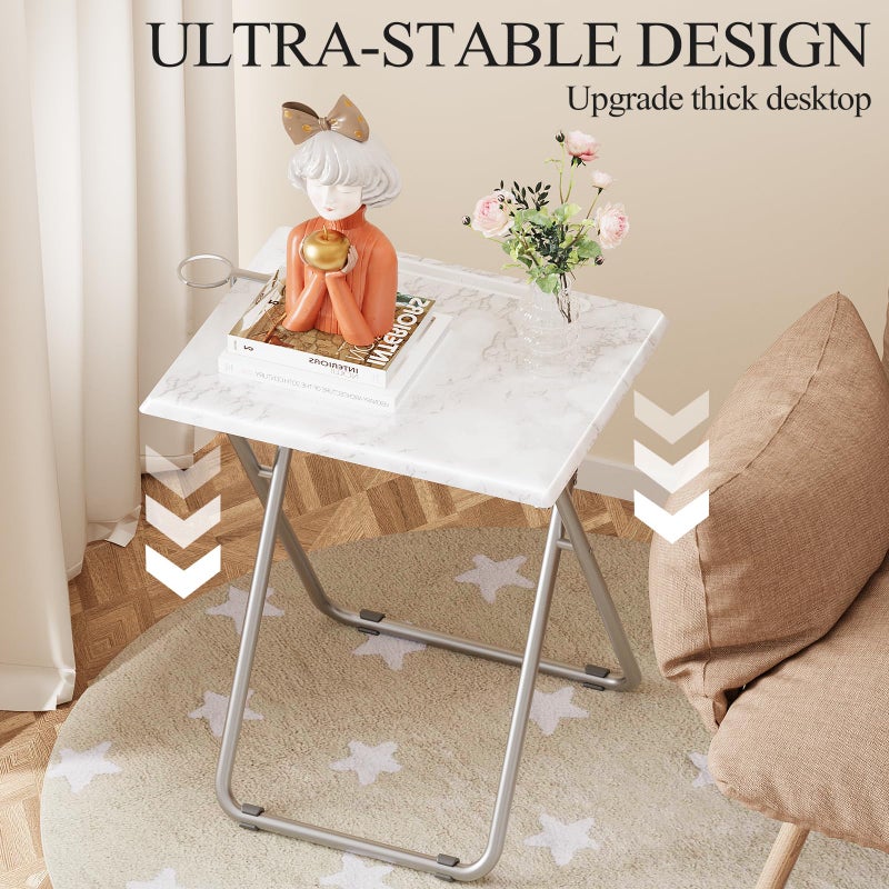 Fleecy day TV Tray Table,Folding Table with Cup Holder Portable,Foldable Snack Tray for Eating,Small Folding Tables Set of 2,Dinner Tables for Couch, Living Room,Small Space (White Marble,2Pcs) - Image 2