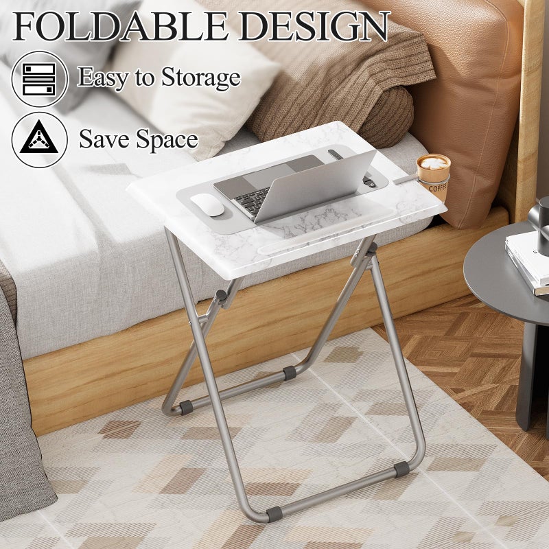 Fleecy day TV Tray Table,Folding Table with Cup Holder Portable,Foldable Snack Tray for Eating,Small Folding Tables Set of 2,Dinner Tables for Couch, Living Room,Small Space (White Marble,2Pcs) - Image 5