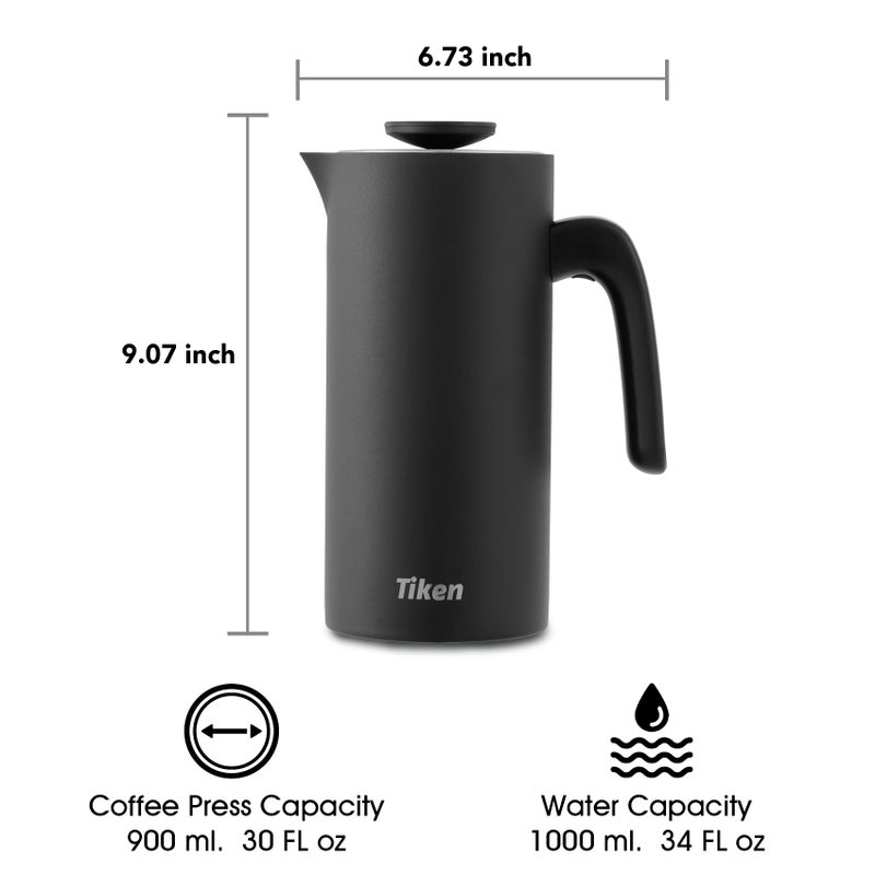 Tiken French Press Coffee Maker Stainless Steel Double-wall Vacuum Insulated Coffee Press Dishwasher Safe, 34Oz Black - Image 2