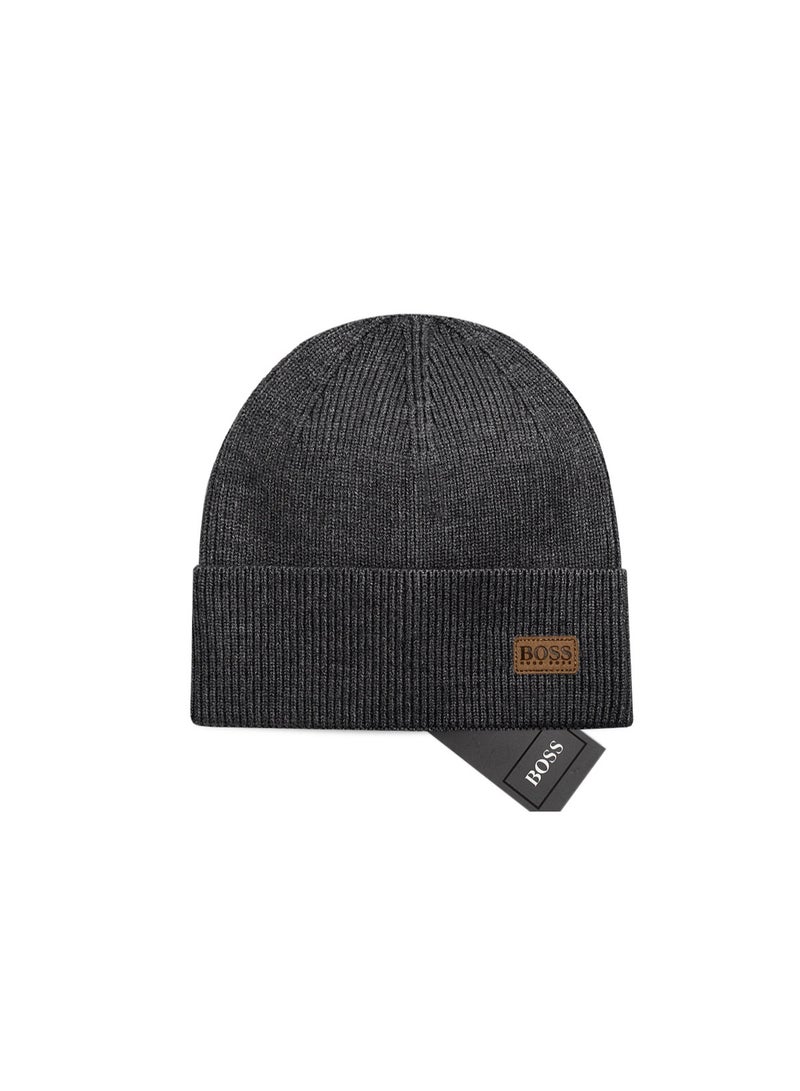 BOSS Charcoal Grey Knit Beanie - Leather Logo Warm Cuff Beanie