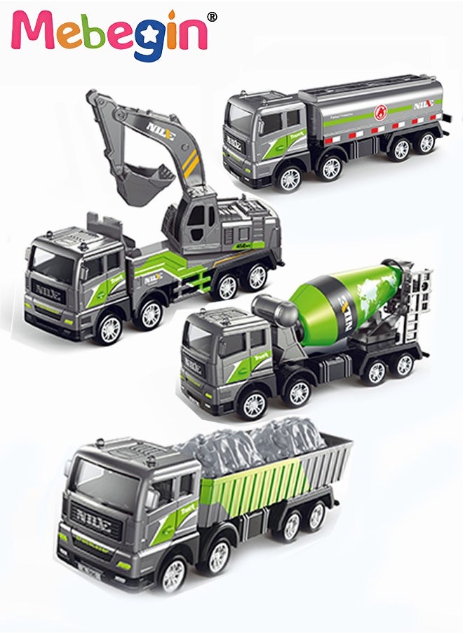MEBEGIN 4 Piece Construction Toys Truck Set Engineering Vehicle Playset Excavator Transporter Tanker Mini Alloy Car Models Birthday Gift for Children Kids Boys 4-6 Years Old  - Image 1