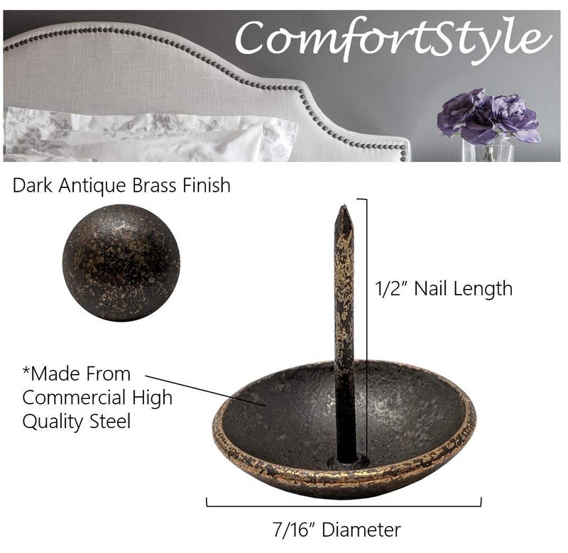 ComfortStyle Premium Upholstery Tacks, Nailhead Decorative Trim for Furniture, 7/16-inch Diameter (200, Dark Antique Brass) - Image 2