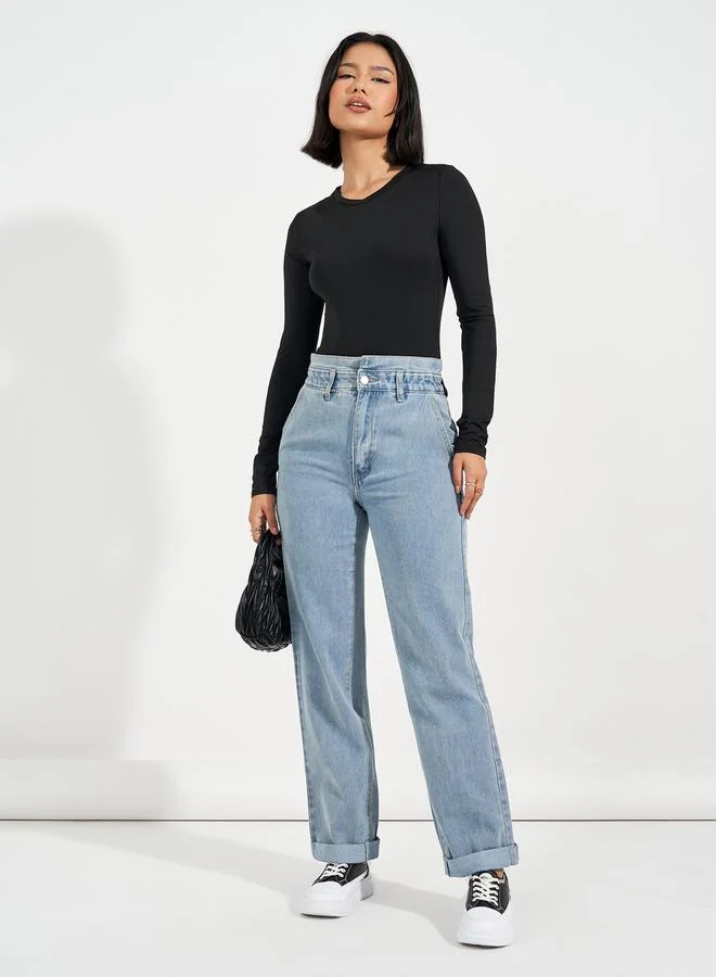 Styli High Rise Straight Fit Paper Bag Waist Jeans