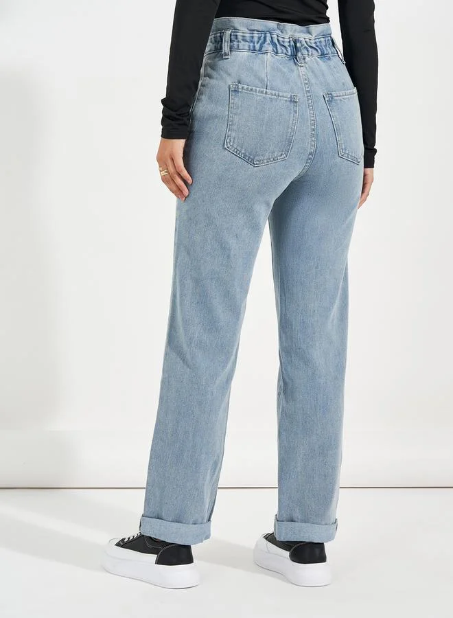Styli High Rise Straight Fit Paper Bag Waist Jeans