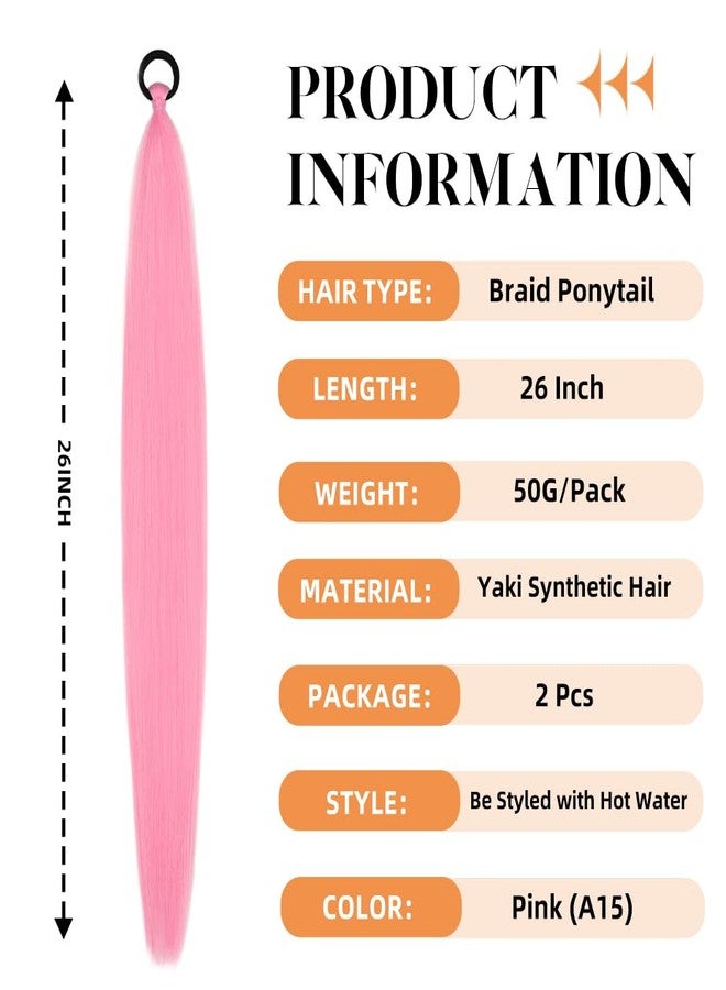 rosmile 2 Pack Braid Ponytail Extension with Elastic Tie 26 Inch Pink Synthetic Straight Sleek Wrap Around Braid Ponytail for Daily Party Cosplay(Pink) - Image 2