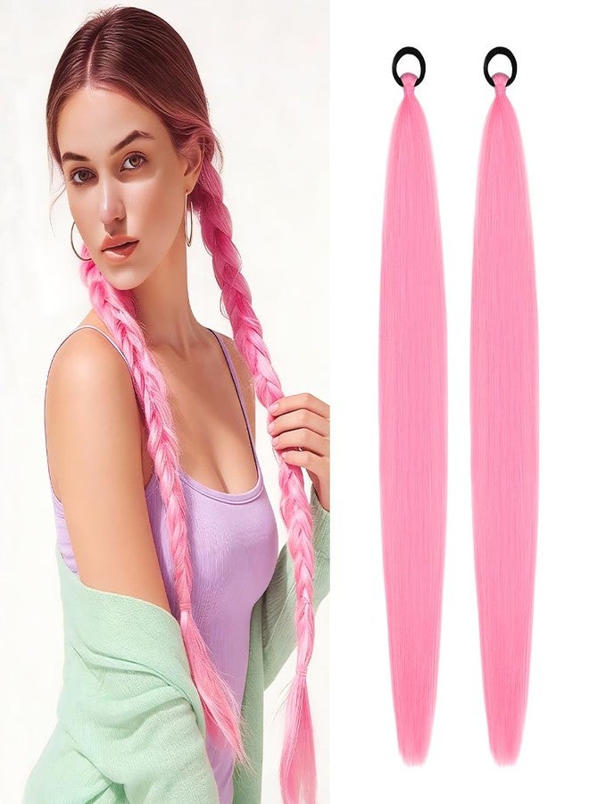 rosmile 2 Pack Braid Ponytail Extension with Elastic Tie 26 Inch Pink Synthetic Straight Sleek Wrap Around Braid Ponytail for Daily Party Cosplay(Pink) - Image 1