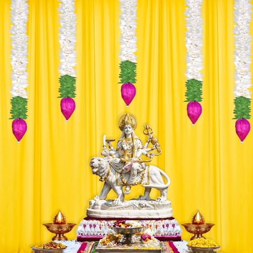 BENAVJI Garlands for Home Decoration, Lotus Hangings (Pack of 5 Pcs, Size 14 Inch Each) | Offwhite Fabric & Solawood Lotus Buds | Flower Garlands for Home Decoration - Image 2