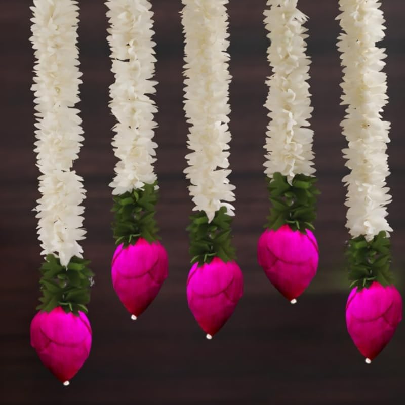 BENAVJI Garlands for Home Decoration, Lotus Hangings (Pack of 5 Pcs, Size 14 Inch Each) | Offwhite Fabric & Solawood Lotus Buds | Flower Garlands for Home Decoration - Image 5