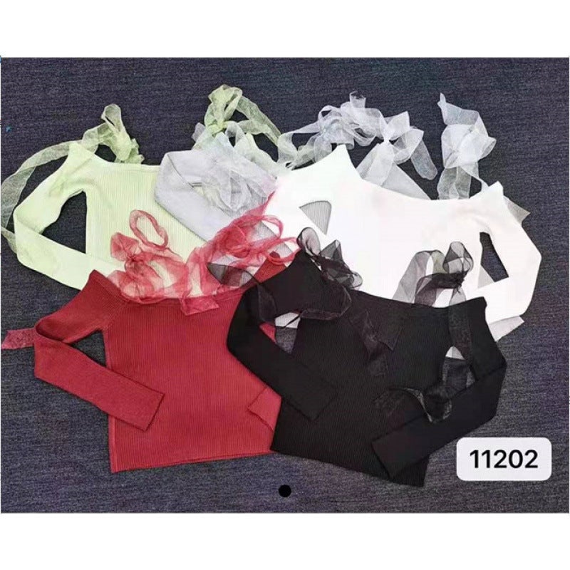 Early Autumn New Arrival Bow Strap Mesh Tie Slim-fit Thin Top Shoulder Strap Stitching Shoulder Knit Sweater for Women Grey-DDHY-11202/B845 - Image 2