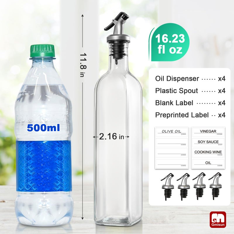 gmisun Olive Oil Dispenser for Kitchen, 4 Pack 17 fl oz Glass Oil Dispensers Bottle, Cooking Soy Sauce Bottle Container Cruet with Plastic Pourer Spout, Funnel and Labels, Clear - Image 2